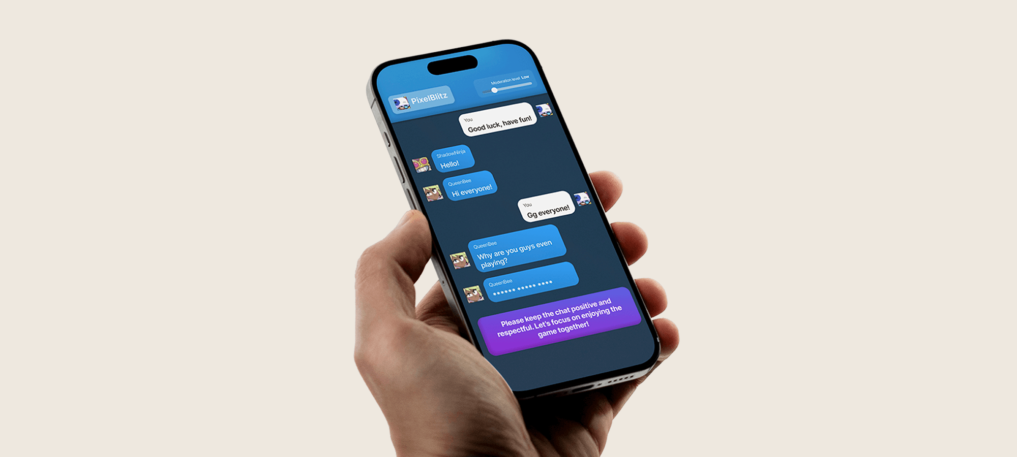 A hand holding a smartphone displaying a chat conversation with blue and purple message bubbles on a beige background.