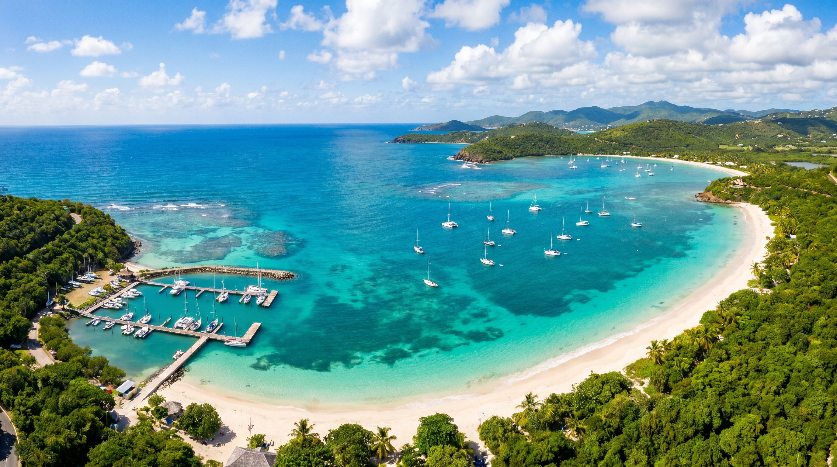 Generated Antigua-inspired coastline and harbour